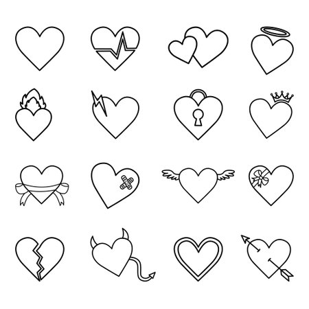 Set of 16 Hearts for Coloring Pages. Symbol of Love. Collection of Hearts. Vector Illustration of Hearts for Valentine's Dayのイラスト素材