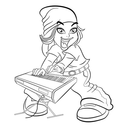Funny Girl Playing the Synthesizer for Coloring Book. Vector Illustration in Youth Style. Electric Pianoのイラスト素材