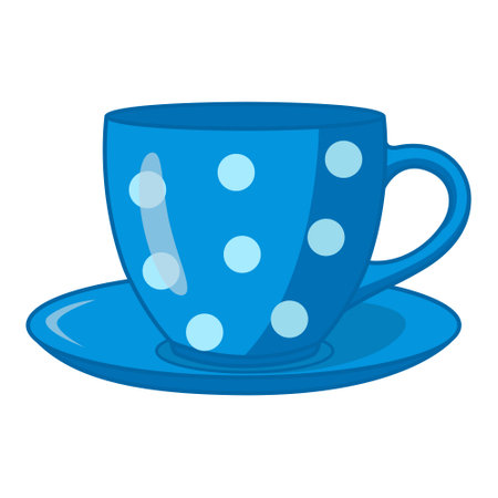 Blue coffee cup with white polka dots. Vector Illustration of Cute Cup and Saucer for Kitchen. Cozy home dishesのイラスト素材