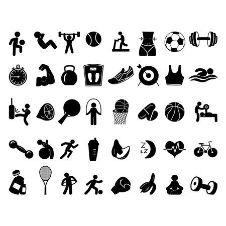 Set of 40 Black Sports Icons. Sports Vector for Web Design. Fitness Logoのイラスト素材