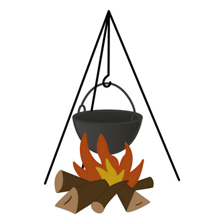 Cauldron for Cooking over the Campfire. Picnic in nature. Camping Chef Symbol. Vector illustrationのイラスト素材