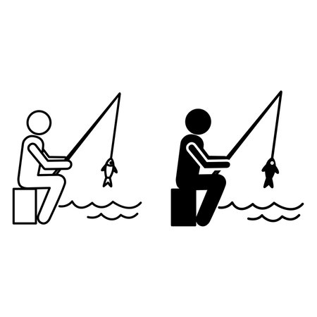 Fisherman icons. Vector Black and White Icons Fisherman Catches Fishのイラスト素材