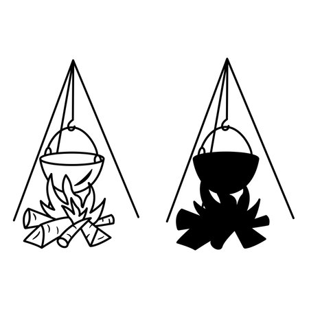 Icons of the Cauldron for Cooking Food over the Fire. Picnic in nature. Camping Chef Symbol. Vector illustrationのイラスト素材