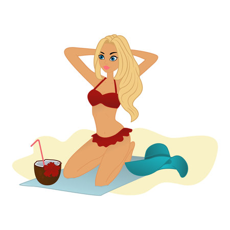 Beautiful Girl Sunbathes on the Beach. Vector Illustration of a Young Woman in a Swimsuit Sitting on a Beach Towel, Next to a Summer Hat and a Coconut Cocktailのイラスト素材