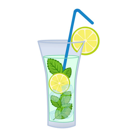 Summer Cocktail with Lemon and Mint. Vector Illustration of Refreshing Drink with Straw and Ice Piecesのイラスト素材