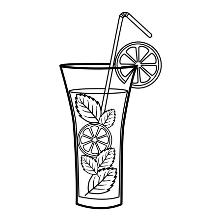 Summer Cocktail with Lemon and Mint for Coloring Page. Vector Illustration of Refreshing Drink with Straw and Ice Pieces&#xD;&#xA;のイラスト素材