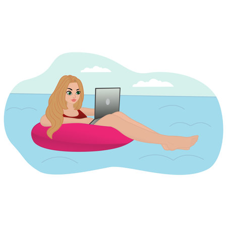 Young Woman Resting and Working Remotely. Vector Illustration of a Beautiful Girl Floating on an Inflatable Ring in the Sea and Working with a Laptopのイラスト素材