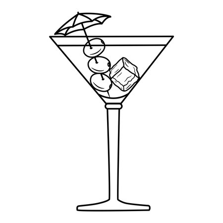 Cocktail with Olives and Ice Cubes for Coloring. Vector Illustration of Summer Drink with Umbrella in Cartoon Style&#xD;&#xA;のイラスト素材