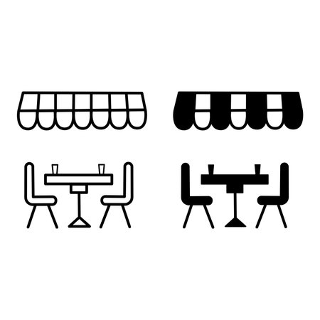 Black and White Street Cafe Icons. Vector Illustration of Table and Chairs in a Summer Restaurant. Leisure and tourism conceptのイラスト素材