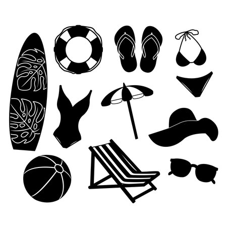 Set Black Icons Summer Vacation Accessories. Vector Illustration of Swimwear, Hat, Sunglasses, Flip Flops, Beach Umbrella, Deck Chair, Lifebuoy, Surfboard, Inflatable Ballのイラスト素材