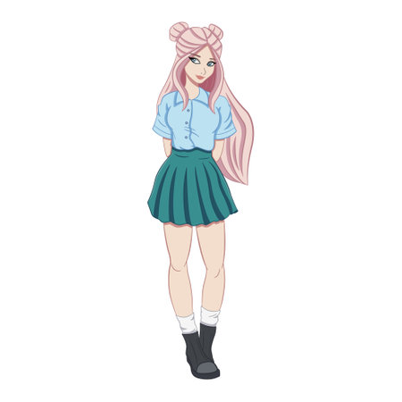 Beautiful Teenage Girl. Vector Illustration of a Schoolgirl or Student in a Short Skirt and Shirtのイラスト素材