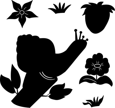 Vector snail icon on a branch. Black icons of snail, strawberry, flower, and herb on white backgroundのイラスト素材