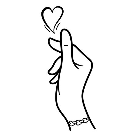 Korean Love Sign for Coloring Page. Hand and Heart Gesture. Vector Illustration for Valentines Day. Declaration of Loveのイラスト素材