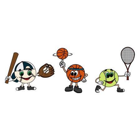 Sports Cartoon Balls. Vector Illustration of Funny Baseball, Basketball, and Tennis Ballsのイラスト素材