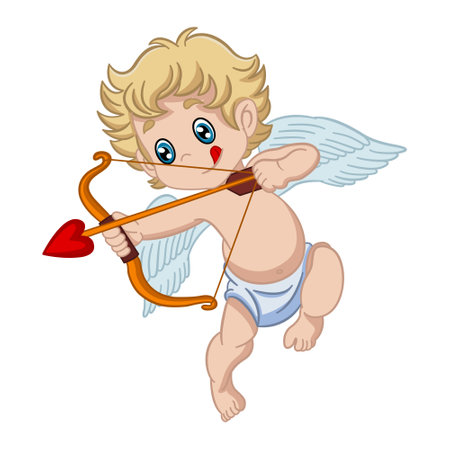 Cute Cupid Shoots from a Bow. Vector Illustration of Cartoon Character for Valentines Dayのイラスト素材