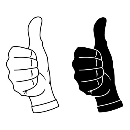 Two Thumbs Up Icons. Black and White Thumbs Up Icons. Hand Gesture. Positive Gesture of Approval, Support, Likes and Job Well Done.Vector Illustration.のイラスト素材