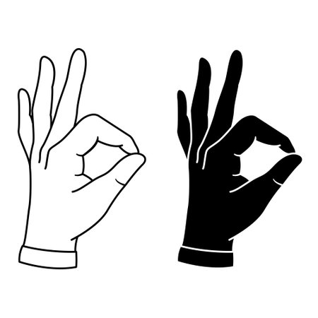 Hand Gesture Okay Icons. Black and White Vector Icons. Positive Signal of Satisfaction. Accept, Support, Approve, and Agree to Somethingのイラスト素材