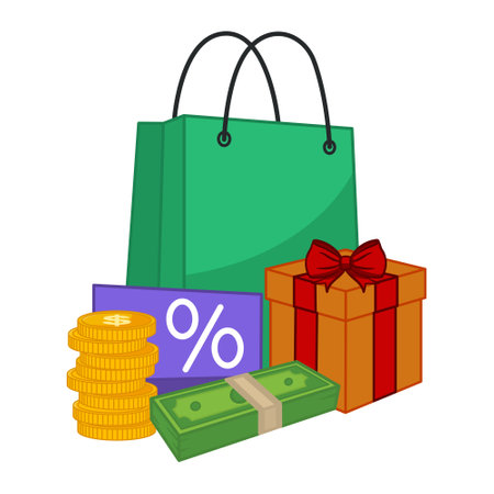 Holiday Sale, Money, and Shopping. Vector Illustration of Gift Bag, Present, Stack of Dollar Coins, Stack of Money, and Discount Coupon. The concept of saving on purchasesのイラスト素材