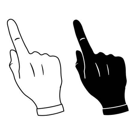 Index Fingers Up Icons. Hand Gesture. Black and White Icons of Index Fingers Touching the Screen or Showing Something. Vector illustrationのイラスト素材