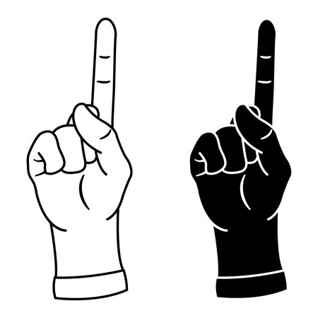 Icons with One Index Finger Raised Up. Black and White Hand Gestures Showing Number One. Vector Illustration for Children Education or Attention Gesture.のイラスト素材