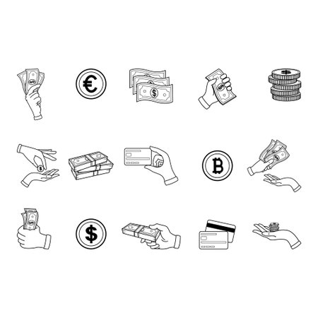 Set of Vector Money for Coloring. Business and Finance. Vector Illustration of Cash, Coins, and Credit Cardsのイラスト素材