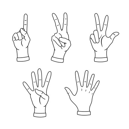 Hands Showing Numbers for Coloring Book. Vector Cartoon Hands Counting from One to Five. Vector illustrationのイラスト素材
