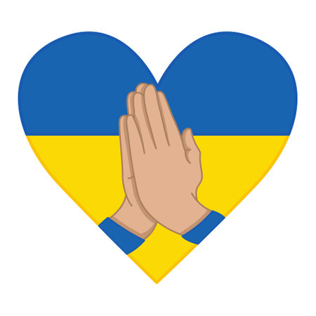 Hands folded in Prayer for Ukraine. Heart of the Flowers of the Ukrainian Flag. Support for Ukraine. Vector illustrationのイラスト素材