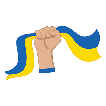 Raised Clenched Fist Holding Blue Yellow Ribbon. Protest sign. Support for Ukraine. Vector illustrationのイラスト素材