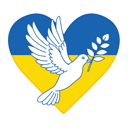 Dove of Peace on a Background of Blue and Yellow Heart. Support for Ukraine. Ukrainian Flag. Vector illustrationのイラスト素材