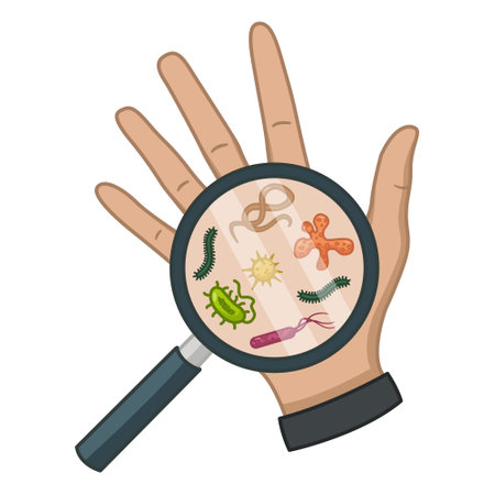Bacteria and Germs on the Hand. Viruses Causing Various Diseases. Hand Hygiene Campaign. Vector illustrationのイラスト素材