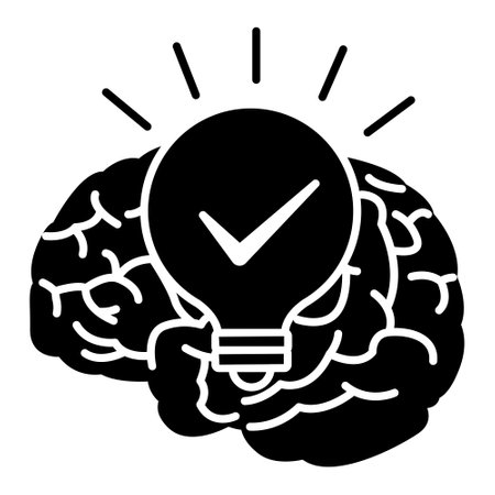 Black Creativity Icon. Vector Illustration of Brain and Glowing Light Bulb. Concept of Innovation, Ideas and Solutionsのイラスト素材