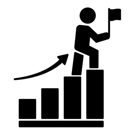 Black Icon of Success. Vector Illustration of a Man with a Flag Walking Up a Diagram. Successful Business Development Conceptのイラスト素材