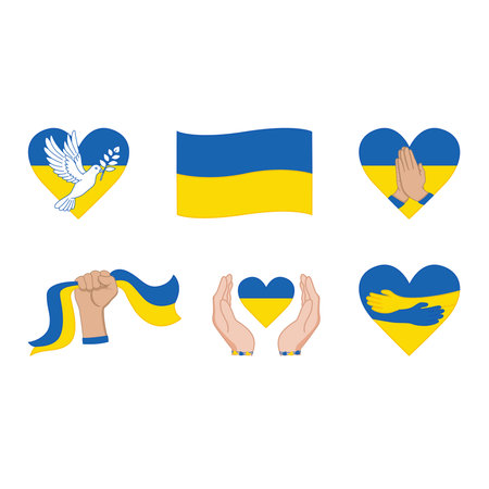Set of Ukrainian Symbols. Blue and Yellow Color Theme. Vector Illustration of Ukraine Flag, Heart, Dove of Peace, Hands Folded in Prayer, Hands Hug Heart, Raised Hand with Ukraine Flag. Support for Ukraineのイラスト素材