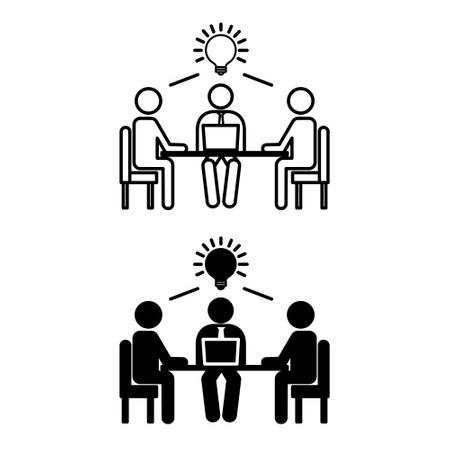 Icons Work Together. Vector Illustration of Colleagues Sitting at the Table and Discussing an Idea. Business and Teamwork Conceptのイラスト素材