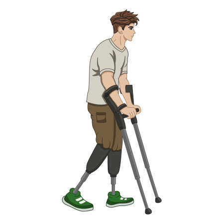 Young Man With Prosthetic Legs. Handsome Man with Prosthetic Legs Learning to Walk with Crutches. Vector illustrationのイラスト素材
