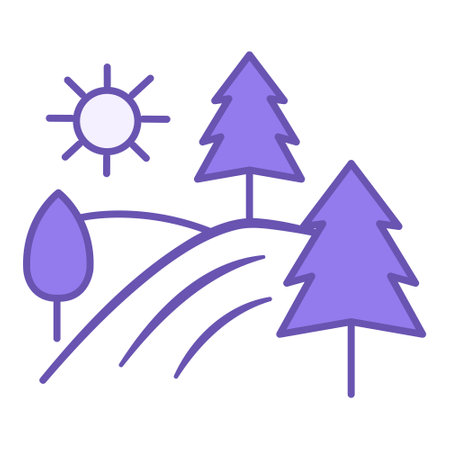 Colored Landscape Icon. Vector Icon of Hills with Trees and Sun. Travel and Vacation Conceptのイラスト素材