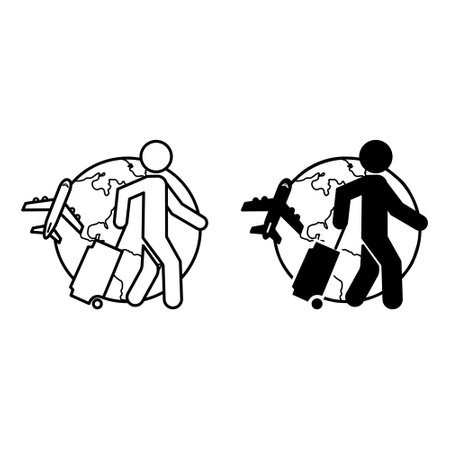 Traveling icons. Black and White Vector Icons. Tourist with Suitcase, Globe, and Flying Airplaneのイラスト素材