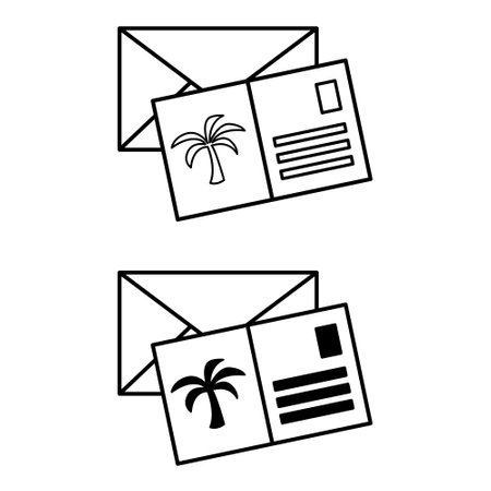 Postcard icons. Black and White Vector Icons. Postcard and Envelope. Travel and Vacation Conceptのイラスト素材