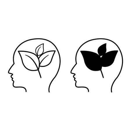 Think Green Icons. Black and White Vector Icons. Young Plant and Human Head. Eco-Thinking and Environmental Protection Conceptのイラスト素材