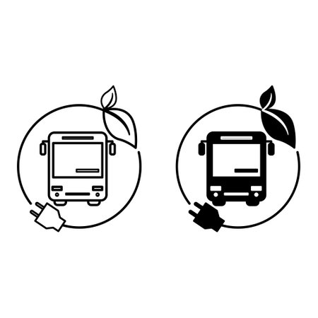 Ecological Transport icons. Black and White Vector Icons of Bus and Leaves. Ecology and Environmental Protection Conceptのイラスト素材