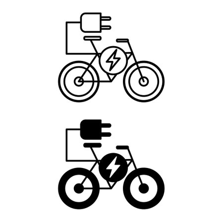 Electric bike icons. Black and White Vector Icons of Electric Bicycle with Charger. Ecology and Environmental Protection Concept&#xD;&#xA;のイラスト素材