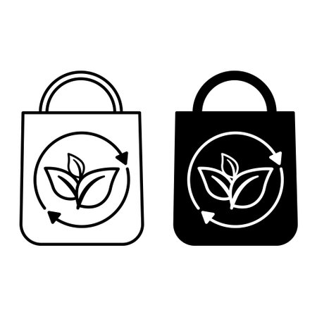 Reusable Bags Icons. Black and White Vector Icons. Ecological Package with Leaves. Ecology and Environmental Protection Conceptのイラスト素材