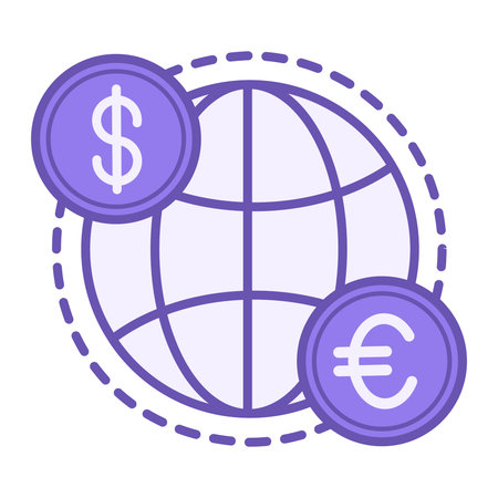 Globalization Color Icon. Vector Icon of Distributing Dollar and Euro Money on the Planet. Cashless payments. Business and Finance Conceptのイラスト素材