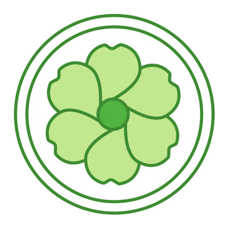 Green Organic Linen Icon. Natural Fabric. Symbolic Linen Garment Tag. Vector Round Badge, Sticker, Logo, Stamp, Tag. Flower Iconのイラスト素材