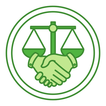 Green Fair Trade Icon. Vector Icon of Libra and Handshake. Business, Partnership, Work Team and Information Conceptのイラスト素材