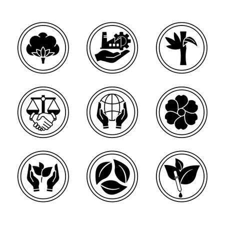 Black Icon Set for Organic Product Packaging. Vector Icons of Organic Cotton, Organic Linen, Organic Bamboo, Fair Trade, Sustainable Development, Eco-Friendly, Responsible Production, Recycled Fabrics, and Eco-Dyesのイラスト素材