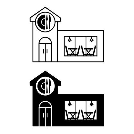 Restaurant Building Icons. Black and White Vector Restaurant Icons with Tables and Chairs Inside. Public catering enterprise. Architecture Conceptのイラスト素材