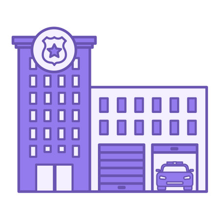 Police Building Color Icon. Vector Icon of City Police Station with Police Car in Garage. Government Institution. Concept of Architecture and Law Enforcementのイラスト素材