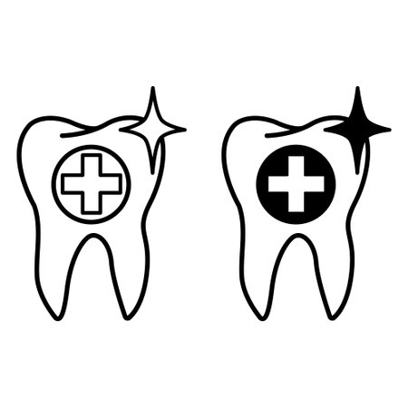 Dental Care Icons. Black and White Vector Icons of Tooth and Medical Cross. Dental care and treatment. Medicine and Dentistry Conceptのイラスト素材