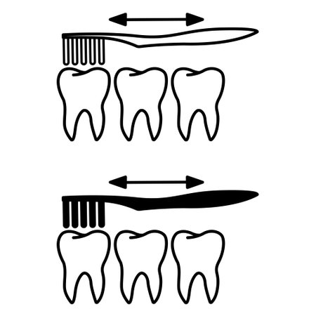 Teeth Brushing icons. Black and White Vector Icons. Toothbrush Cleans Teeth in Different Directions. Oral hygiene. Medicine and Dentistry Conceptのイラスト素材